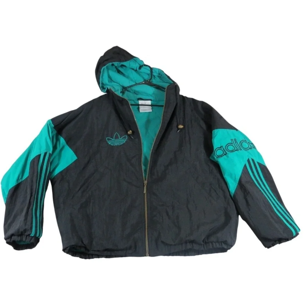 adidas VTG Jacket Men XL Black Teal Trefoil Logo Full Zip 90s Windbreaker Coat